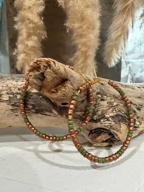 Handmade Gold and Olive Beaded Gold Plated Hypoallergenic Hoop Earrings